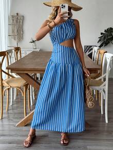 Breezaya Women's Romantic Hollow-Out Striped Dress, Suitable For Spring/Summer Vacation And Outdoor Wear - Blue - View 4
