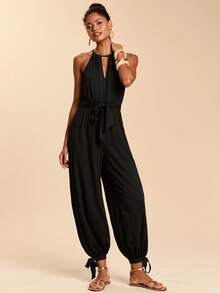 Travachic 女士纯色针织露肩连体裤，春夏款 - 黑色 - 查看 7