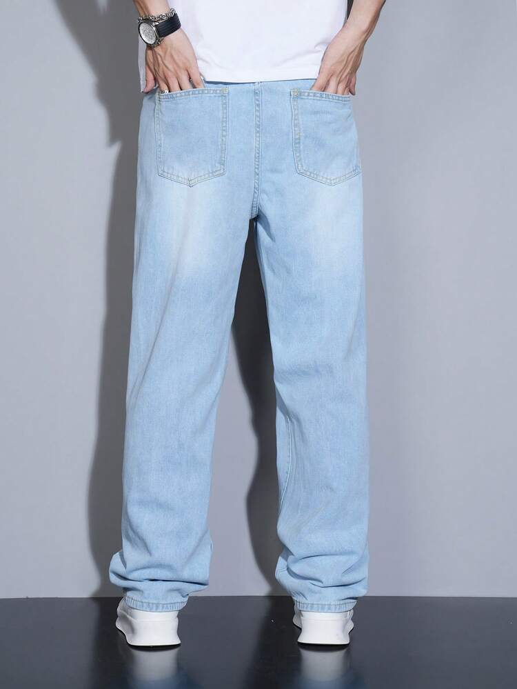 Manfinity Homme 男式直筒宽松多口袋休闲牛仔裤 - 淺藍色 - 查看 2