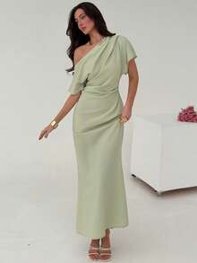 Aloruh Đầm dài màu xanh bạc hà thanh lịch, thiết kế bất đối xứng vai, thắt eo, thích hợp cho các bữa tiệc và dịp trang trọng. - màu xanh lá - Xem 5