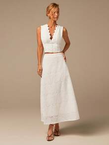 COSMINA 2件套女士优雅波西米亚风柔软百搭半身裙，适合度假、约会、情人节、工作场合，纯色雪纺半身裙，白色长裙，女士长款半身裙，蕾丝长款半身裙，夏季长裙，半身裙 - 白色 - 查看 2