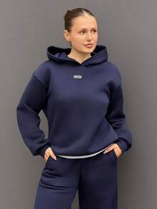 Kuleshova 女士秋冬新款保暖休闲宽松连帽衫和运动裤两件套，海军蓝 - 藏蓝色 - 查看 4