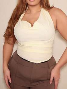 MelDlgn 大码女式淡黄色纹理针织肩带上衣，时尚迷人，适合派对、约会、婚礼、下午茶、音乐节、浪漫海滩度假、春夏邮轮度假淡黄色上衣露背上衣 - 黃色 - 查看 6