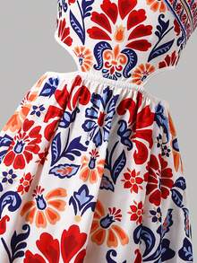 SHEIN Tween Girls' Summer Vacation Casual Floral Print Side Slit Hem Halter Dress Tween Tropical Dress Girls Tropical Dress Summer Dress Tween Girls Midi Dress Tropical Print Dress Girls Halter Midi Dress Tropical Print Midi Dress - Red - View 10