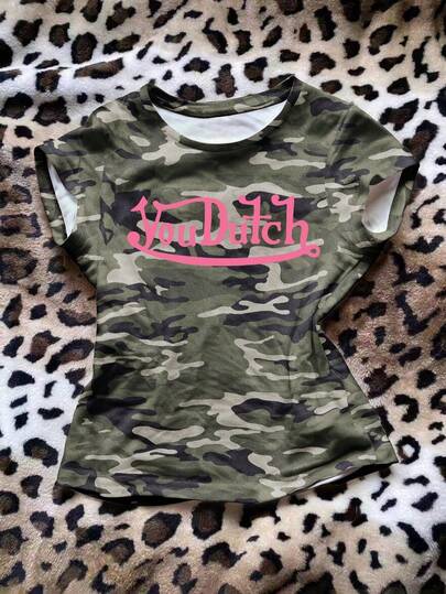 Glimmora Plus Size Women Y2K Casual Fashion Street Chic Daily Commute Camouflage Letter Print Cap Sleeve T-Shirt