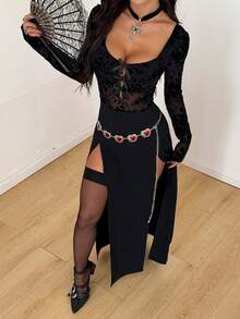 Coolane Trang phục biểu diễn Goth Y2K cho nữ mọi mùa Trang phục rave Lễ hội Rave Trang phục câu lạc bộ Renaissance Fair Trang phục dự tiệc Lưới đen Cổ vuông dài - màu đen - Xem 2