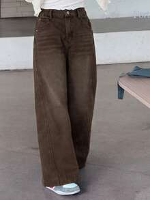 Dazy Kids Tween Girls' Pocketed Wide Leg Loose Casual Versatile Jeans - Brown - View 6