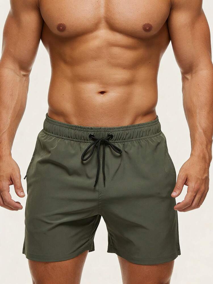 Manfinity Homme Plus Size Men's Casual Solid Color Drawstring Waist Slant Pocket Beach Shorts, Summer Olive Green Swim Trunks Men Green Swim Trunk Men's Swimsuit Men's Swim Set Men Beach Pants - Army Green - View 1