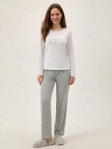 Loomlin Women 2 Pcs Bow Printed Detail Long Sleeved Shirt&Bow Printed Long Pants Homewear Set Pj Sets For Women Long Sleeve Sleep Wear Women 2 Piece Set Comfy Pajamas Set Long Sleeve Lounge Set Lounge Wear Set - White - View 4