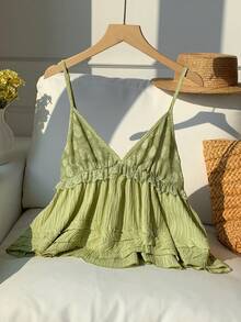 Comfortcana 女士镂空撞色蕾丝荷叶边吊带背心 2026 新款春夏时尚女装，适合海滩度假休闲穿着，绿色上衣 - 綠色 - 查看 4