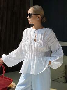 Livesso Áo sơ mi nữ cổ chữ V buộc dây, chất liệu vải dệt, kiểu dáng thời trang thường ngày. - trắng - Xem 3