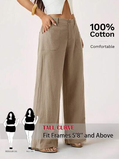 SHEIN Tall CURVE Pantalones casuales anchos de pierna ancha con bolsillo de unicolor para mujer de talla grande