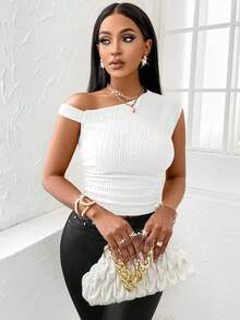 SOLERSUN Solid Asymmetrical Neck Ruched Top For Summer - White - View 5