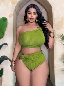 Slaydiva Plus Size Women's 2-Piece Set, 2026 New Arrival, Hot Selling, Solid Color Black Thick Ribbed Knit Jacquard Fabric, Fashion Resort Daily Casual, Asymmetric Neckline, Sexy High Waist Triangle Bottoms, Tummy Slimming Ruched Separate Bikini Set Set - Green - View 5