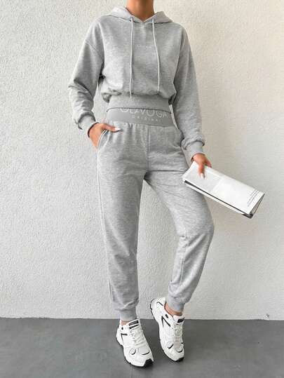 SHEIN Women's Letter Print Drop Shoulder Long Sleeve Drawstring Hoodie And Sweatpants Casual 2-Piece Set Two Piece Set Women Comfy Grey 2 Piece Set 2 Piece Casual Sets Woman Sweatsuits Sets For Women Comfortable Two Piece Set