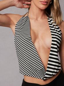 Hauture Women's Two Tone Stripe Deep Lunge Cowl Halter Top - Black and White - View 6
