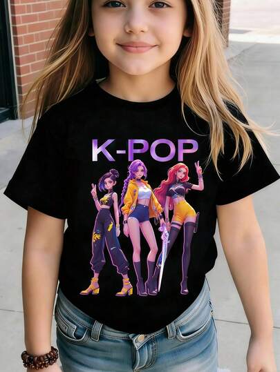 K-POP Cartoon Girl Print Black Short Sleeve Round Neck T-Shirt, Casual & Fashionable For Young Girls , Summer