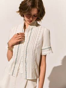Poéselle 女士休闲度假花卉刺绣立领泡泡袖褶皱衬衫，夏季 - 彩色 - 查看 8