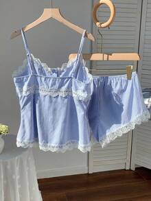 SHEIN EZwear Summer Holiday Outfits Blue Striped Woven Casual Women 2 Pieces Set - Blue and White - View 8