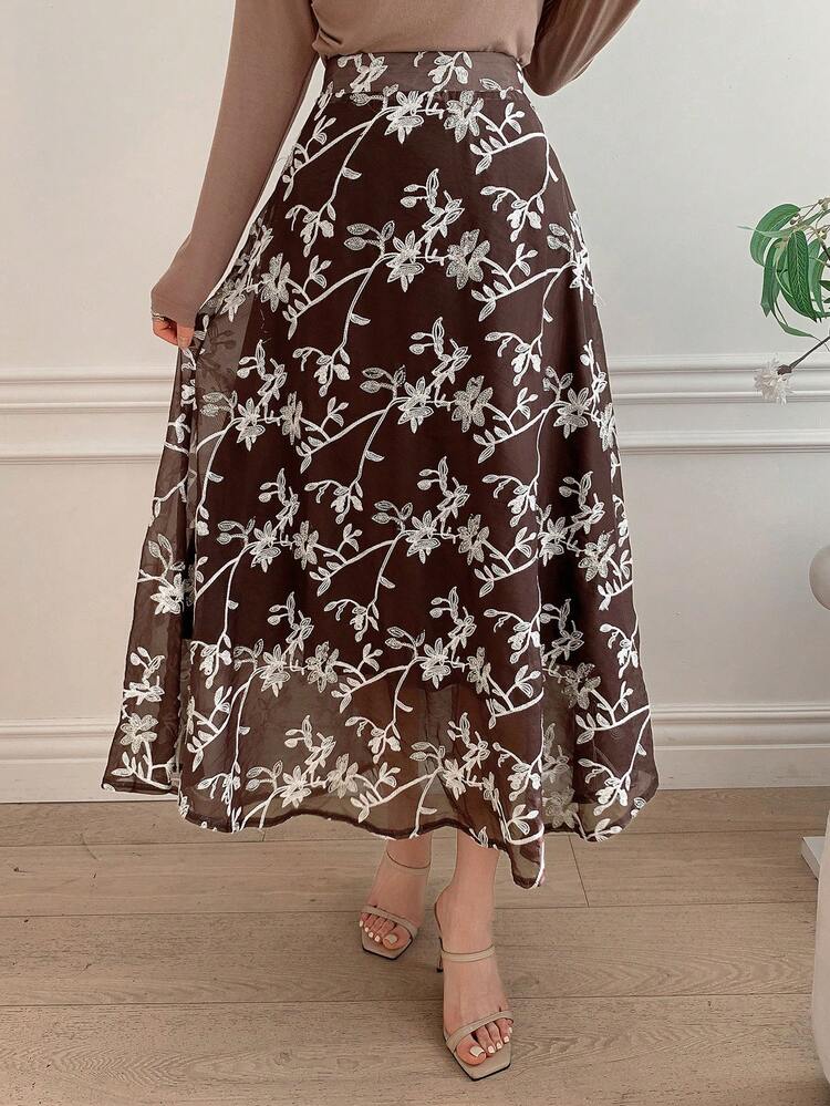 Women's Floral Decor A-Line Long Skirt, Elegant Resort Style Casual Skirt