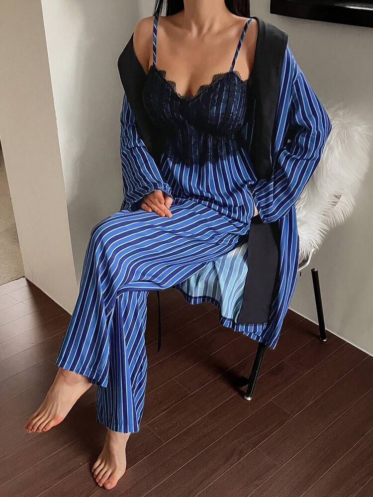 3pcs/Set Striped & Lace Patchwork Robe, Camisole, And Pants Women Sleepwear Set