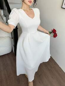 DAZY Women's Elegant Solid Color Textured Puff Sleeve Midi Dress, Summer Wedding Guest Dress Sundress - White - View 6