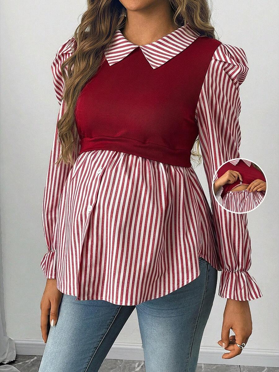 SHEIN Maternity Patchwork Striped Raglan Sleeve 2 In 1 Nursing Top - Burgundy - View 1