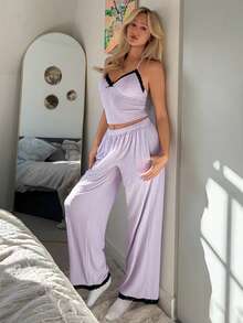DAZY Women's Jacquard Knit Contrast Lace Splice Spaghetti Strap Camisole & Loose Pajama Pants Sleepwear Set - Purple - View 3