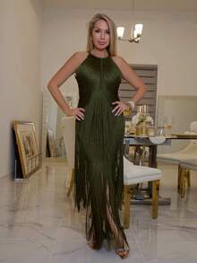 Cioccolato Elegant Vintage Bohemian Tassel Maxi Dress, Suitable For Spring, Summer, Holidays, Festivals, Beaches, Parties, And Easter - Army Green - View 6