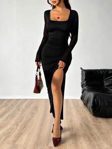 SHEIN EZwear 女士黑色针织紧身连衣裙 - 黑色 - 查看 7