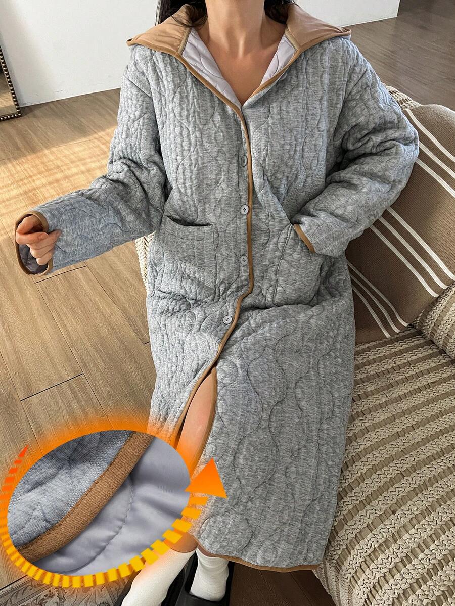 DAZY Women's Thick Quilted Cable Textured Loose Fit Robe, Winter - Grey - View 1