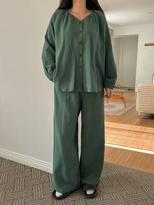 DAZY 绿色简约纹理雪纺褶皱领灯笼袖宽松女士睡衣套装 - 綠色 - 查看 6