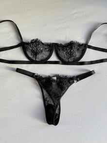 DAZY Lace Underwire Hollow Strap Sexy Lingerie Set For Women For Going Out - Black - View 9