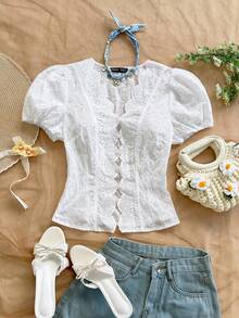 Soleia Women's Hollow Out Embroidery Puff Sleeve Casual Blouse - White - View 5