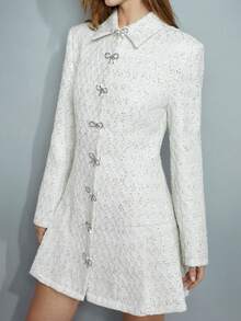 Maija Đầm cardigan dài tay thanh lịch dành cho nữ, chất liệu tweed, đính nơ, đá và sequin, thích hợp cho tiệc năm mới, lễ kỷ niệm Ngày Valentine và các lễ hội. - màu đen - Xem 5