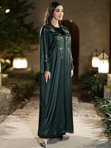 Layrah Women's Elegant Handmade Rhinestone Embellished Long Dress Robe For Evening Party - Dark Green - View 7
