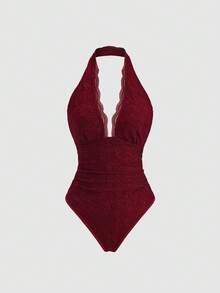 Sweetra Retro American Red Lace V-Neck Backless Ruched Bodysuit, Sexy Fitted Design, Fashion New Arrival For Early Spring - Burgundy - View 1
