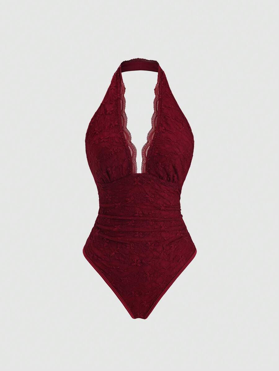 Sweetra Retro American Red Lace V-Neck Backless Ruched Bodysuit, Sexy Fitted Design, Fashion New Arrival For Early Spring - Burgundy - View 1