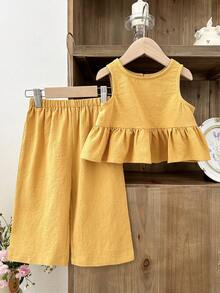 LMoss Kids Baby Girl Summer Casual Solid Color Ruffle Hem Top And Pants Set - Yellow - View 3