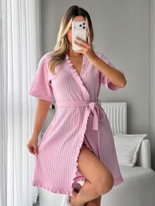 SHEIN Women Cotton Rib Knit Ruffle Detail Short Sleeve Homewear Lounge Robe - Pink - View 6