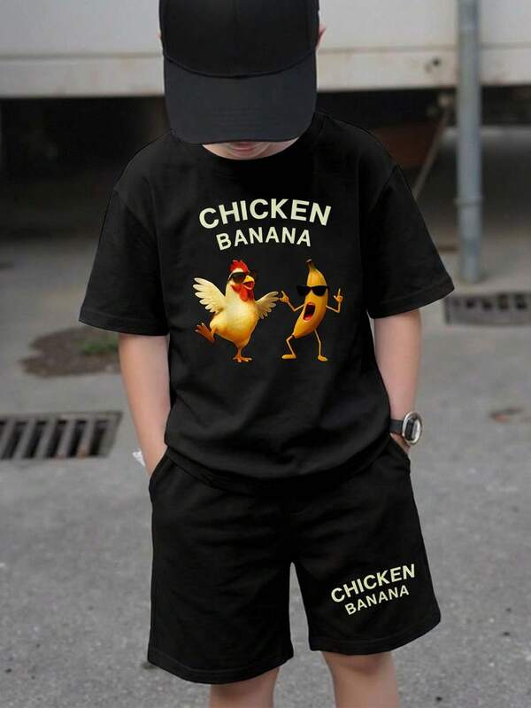 2pcs/Set Young Boys Casual Cartoon Pattern Short Sleeve T-Shirt And Shorts, Suitable For Summer