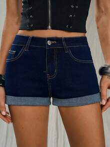 TRNVIE 女士夏季休闲卷边斜插口袋修身牛仔短裤 - 藍色 - 查看 1
