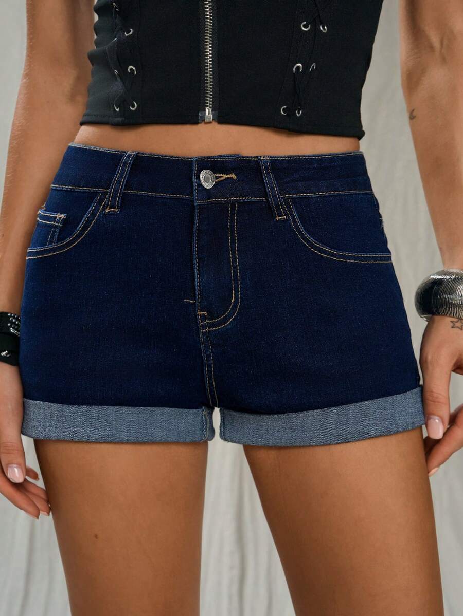 TRNVIE 女士夏季休闲卷边斜插口袋修身牛仔短裤 - 藍色 - 查看 1