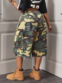 Slaydiva Quần short Bermuda denim rách dáng rộng cạp cao in họa tiết rằn ri dành cho người có thân hình mũm mĩm. - Nhiều màu - Xem 2