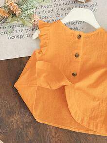SHEIN LMoss Kids LMoss Baby Girl Woven Solid Color Ruffle Trim Fitted Top,Kids - Orange - View 4