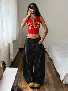 SHEIN EZwear 大码女式复古水洗牛仔裤，秋冬款 - 黑色 - 查看 3