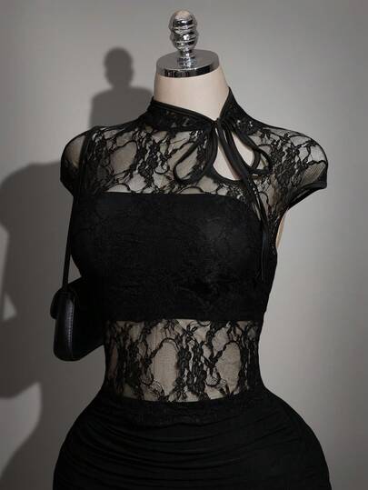 SHEIN ICON Women's Plus Size Retro Sexy Elegant Fashion Urban Modern Bold Individual Avant-Garde New Chinese Style Small Stand Collar Tie Hollow Out Semi-Sheer Black Lace Slim Fit Top