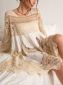 Freevana 女士时尚圆领长袖短款针织毛衣连衣裙 - 卡其色 - 查看 2