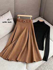 Franclia 女士休闲A字裙套装（含腰带和高领长袖上衣），法式优雅，日常穿着，适合通勤、日常、春秋季节。 - 彩色 - 查看 7