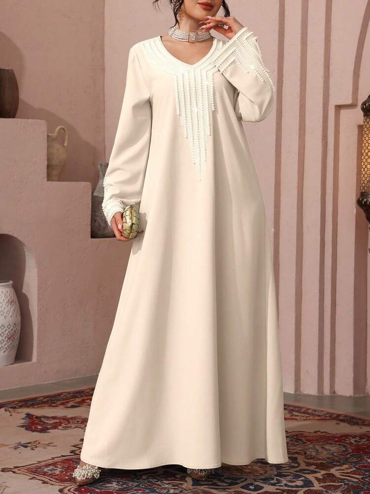 Al Najma Women's Loose Embroidered Beaded Robe For Ramadan - Apricot - View 4